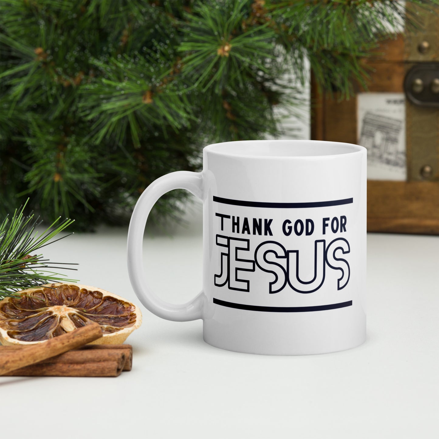 "Thank God for Jesus" White glossy mug