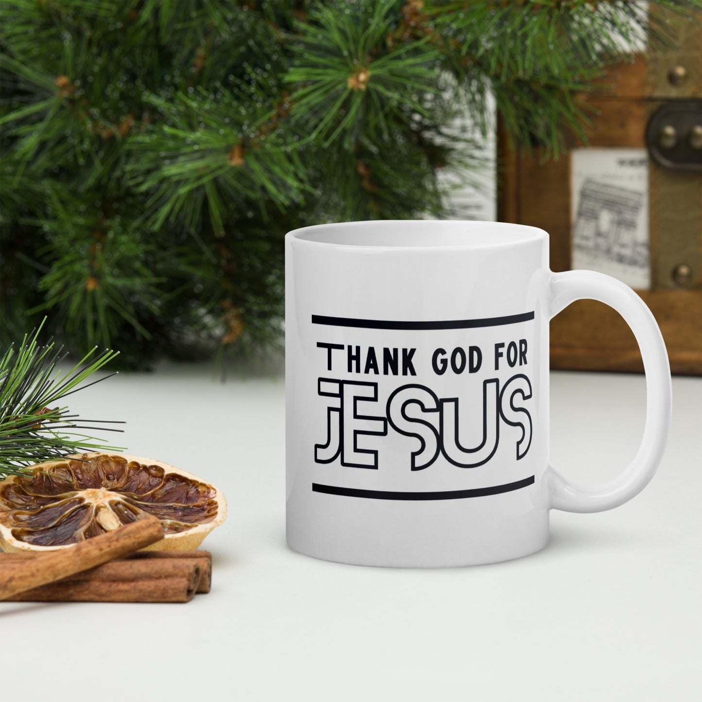 "Thank God for Jesus" White glossy mug