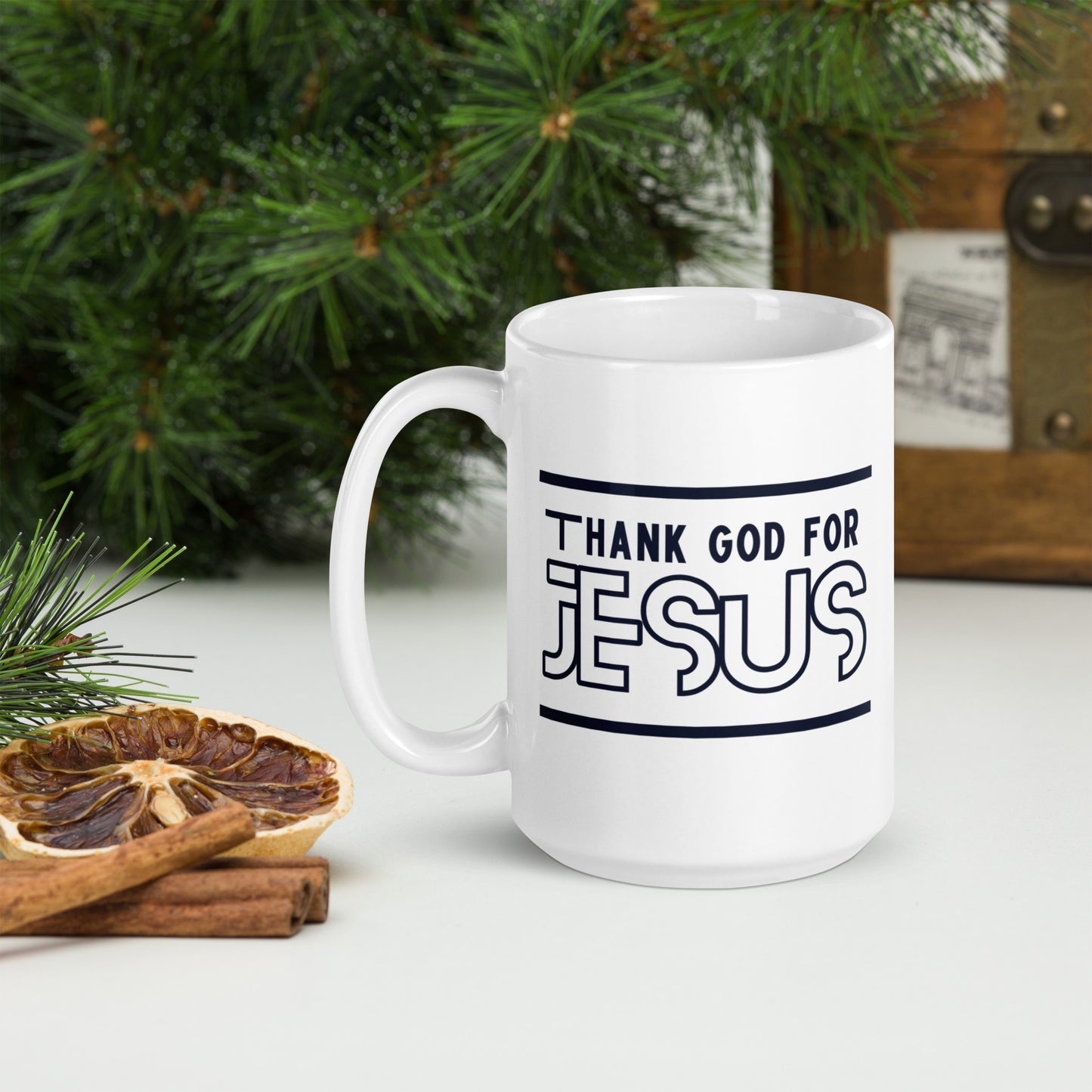 "Thank God for Jesus" White glossy mug